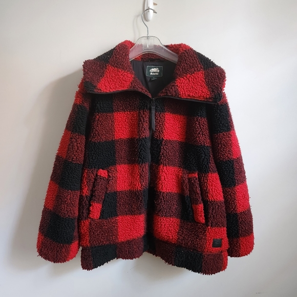 ROOTS Plaid Sherpa Jacket red black sz S - Picture 2 of 6